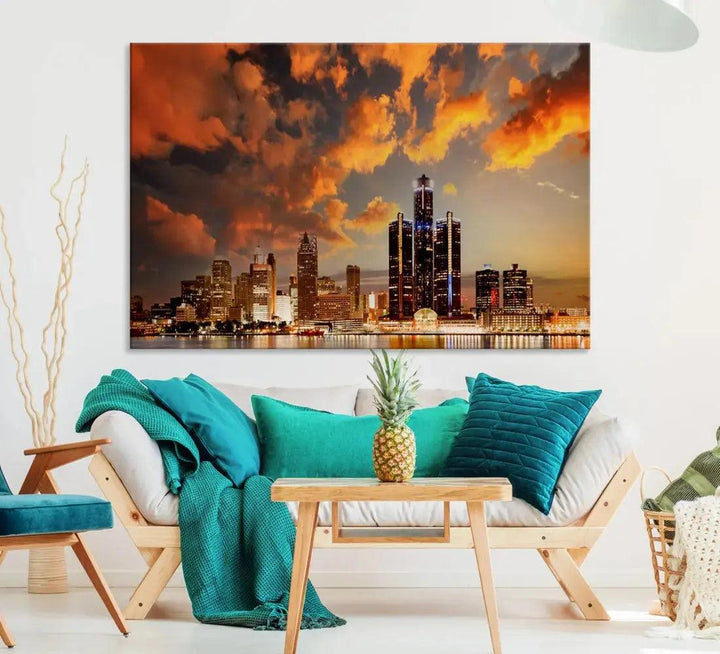 Cloudy Detroit Skyline Sunset Cityscape Large Wall Art Canvas Print