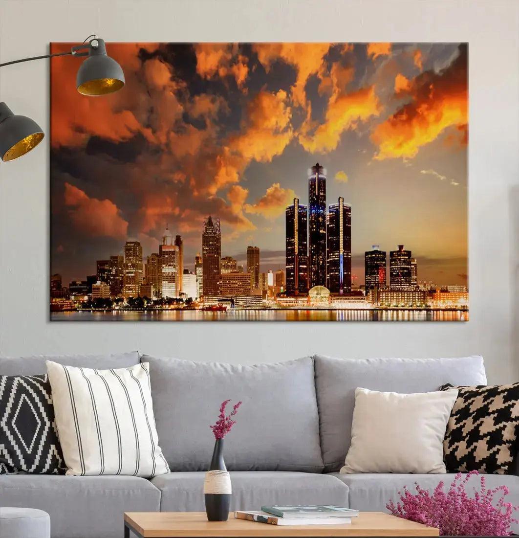 Cloudy Detroit Skyline Sunset Cityscape Large Wall Art Canvas Print