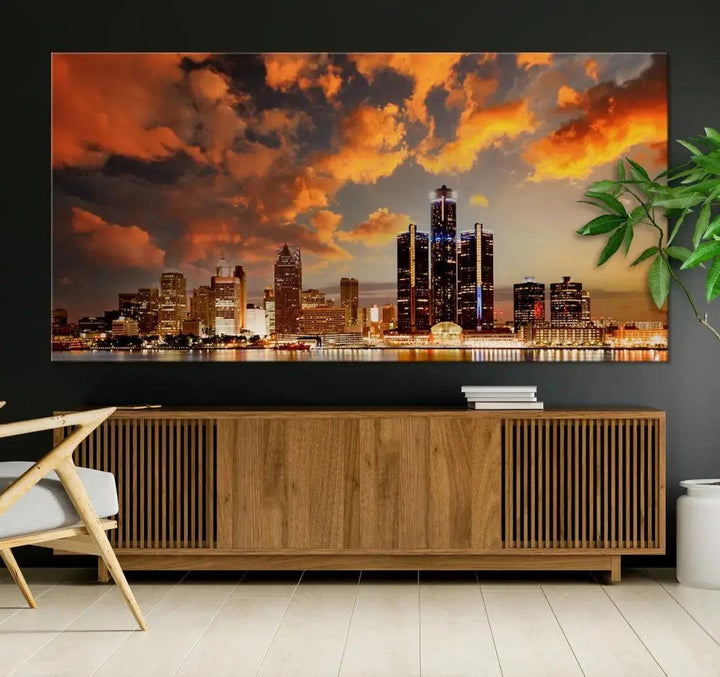 Cloudy Detroit Skyline Sunset Cityscape Large Wall Art Canvas Print