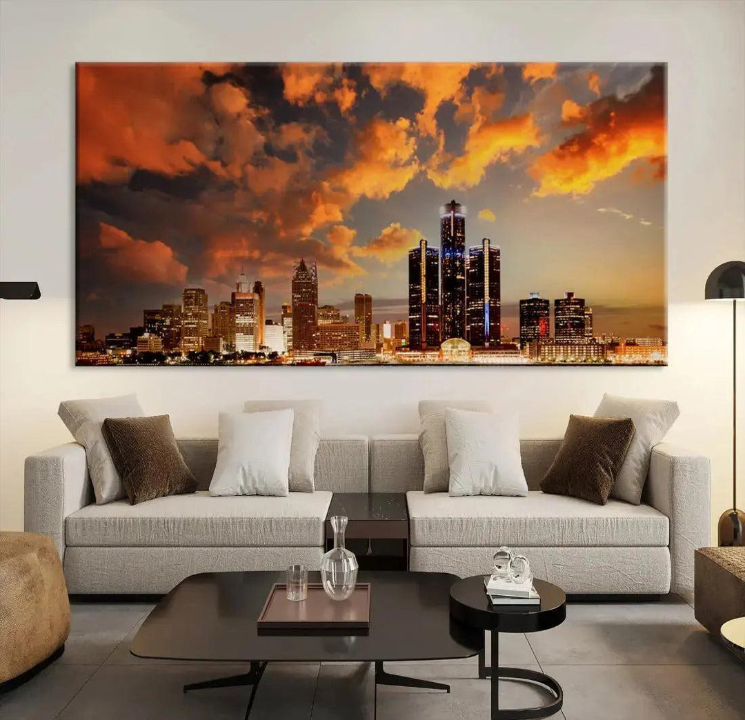 Cloudy Detroit Skyline Sunset Cityscape Large Wall Art Canvas Print