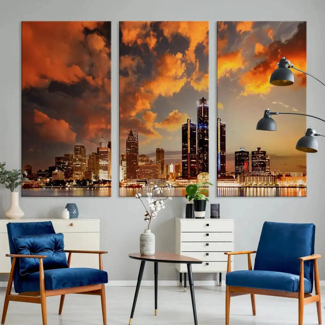 Cloudy Detroit Skyline Sunset Cityscape Large Wall Art Canvas Print