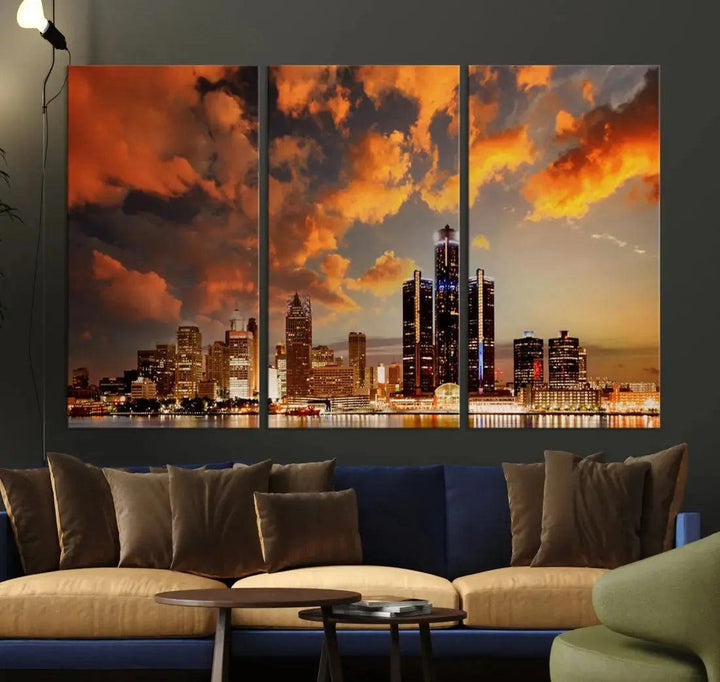 Cloudy Detroit Skyline Sunset Cityscape Large Wall Art Canvas Print