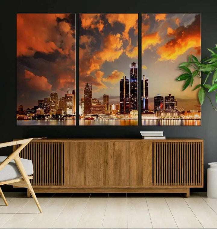 Cloudy Detroit Skyline Sunset Cityscape Large Wall Art Canvas Print