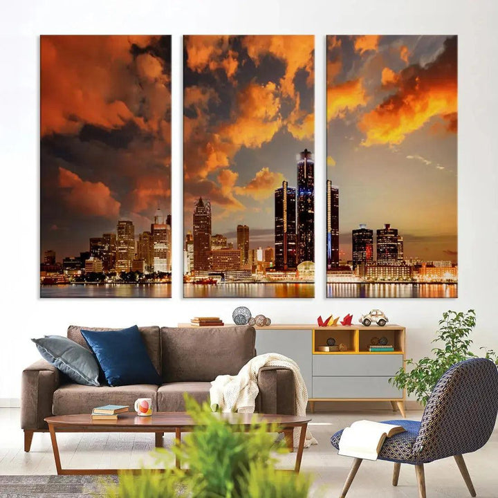 Cloudy Detroit Skyline Sunset Cityscape Large Wall Art Canvas Print