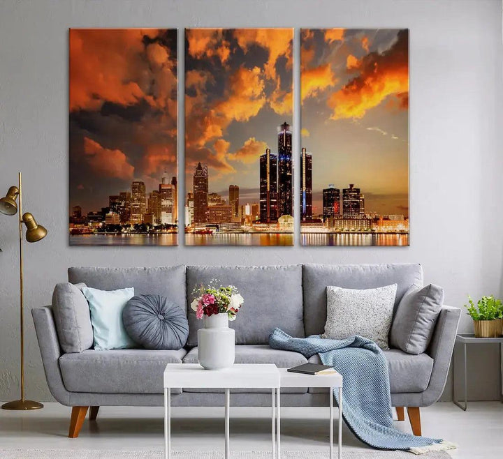 Cloudy Detroit Skyline Sunset Cityscape Large Wall Art Canvas Print