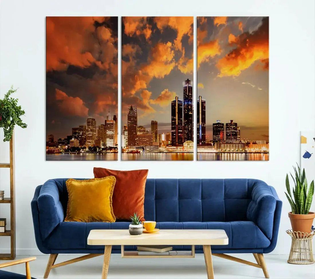 Cloudy Detroit Skyline Sunset Cityscape Large Wall Art Canvas Print