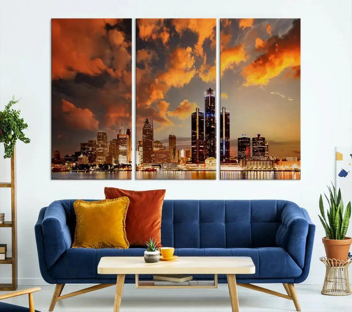 Cloudy Detroit Skyline Sunset Cityscape Large Wall Art Canvas Print