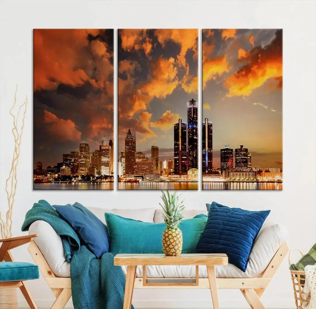 Cloudy Detroit Skyline Sunset Cityscape Large Wall Art Canvas Print