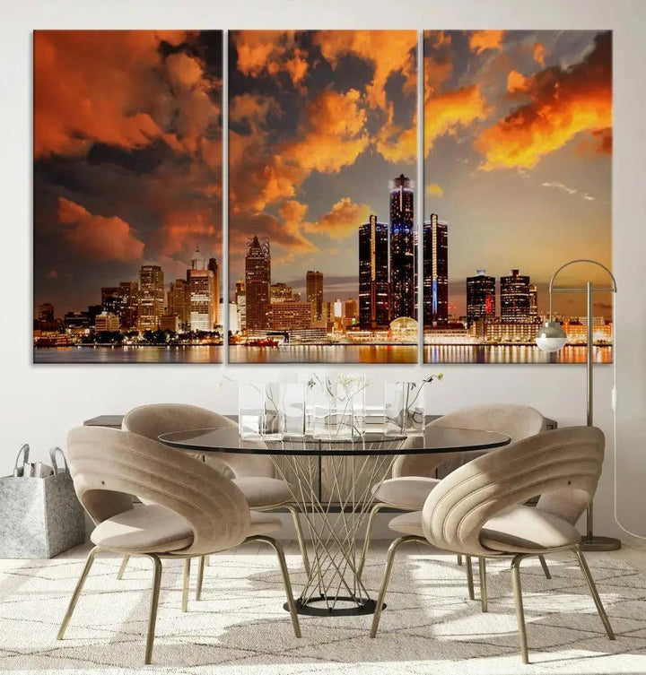 Cloudy Detroit Skyline Sunset Cityscape Large Wall Art Canvas Print