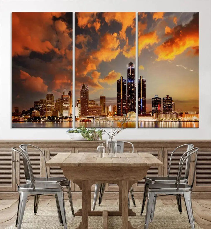 Cloudy Detroit Skyline Sunset Cityscape Large Wall Art Canvas Print