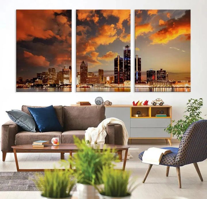 Cloudy Detroit Skyline Sunset Cityscape Large Wall Art Canvas Print