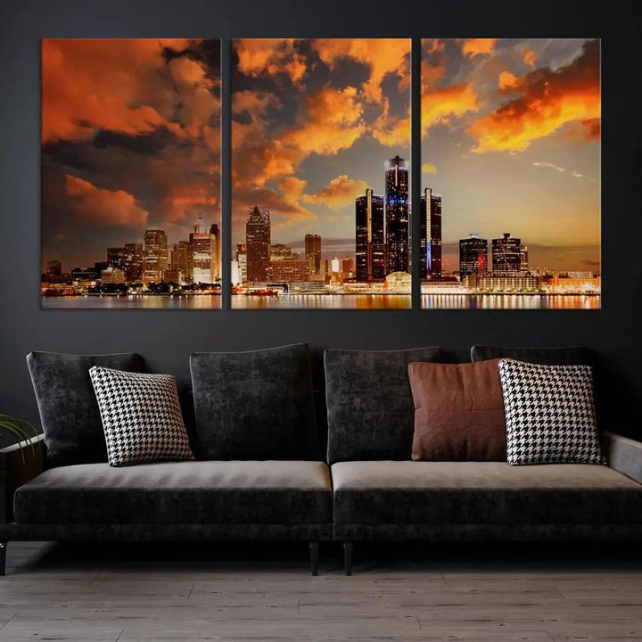 Cloudy Detroit Skyline Sunset Cityscape Large Wall Art Canvas Print