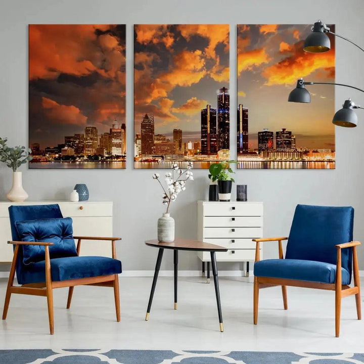 Cloudy Detroit Skyline Sunset Cityscape Large Wall Art Canvas Print