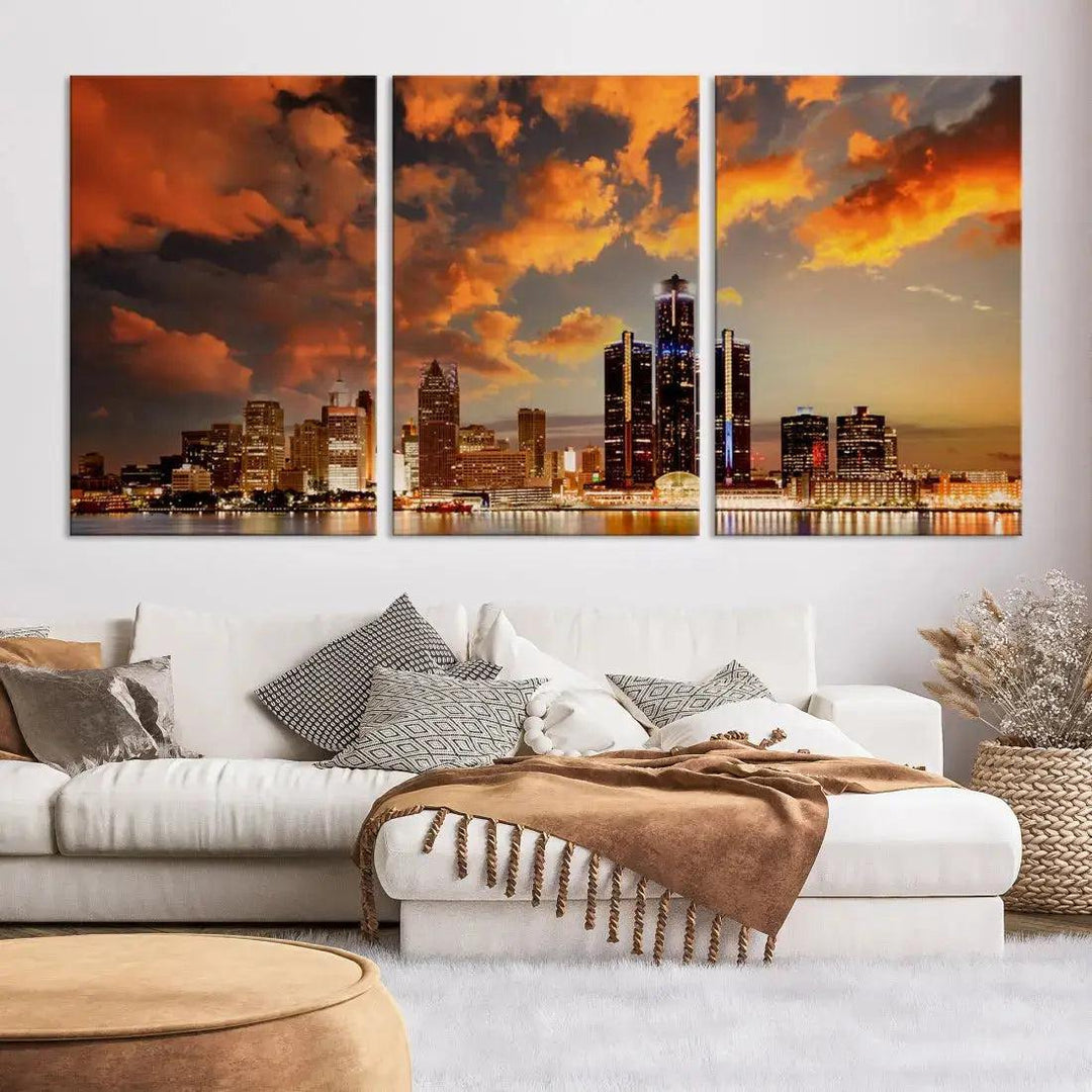 Cloudy Detroit Skyline Sunset Cityscape Large Wall Art Canvas Print