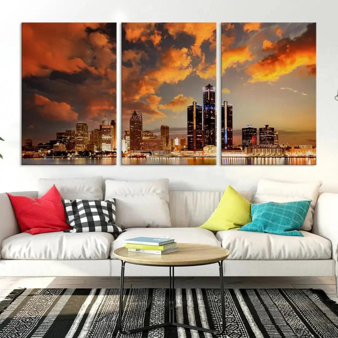 Cloudy Detroit Skyline Sunset Cityscape Large Wall Art Canvas Print