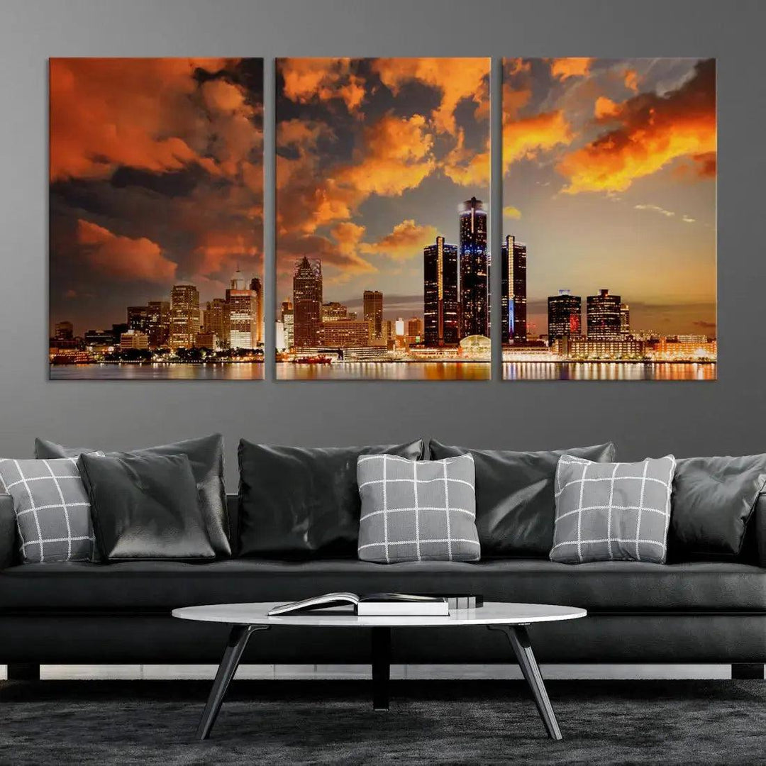 Cloudy Detroit Skyline Sunset Cityscape Large Wall Art Canvas Print