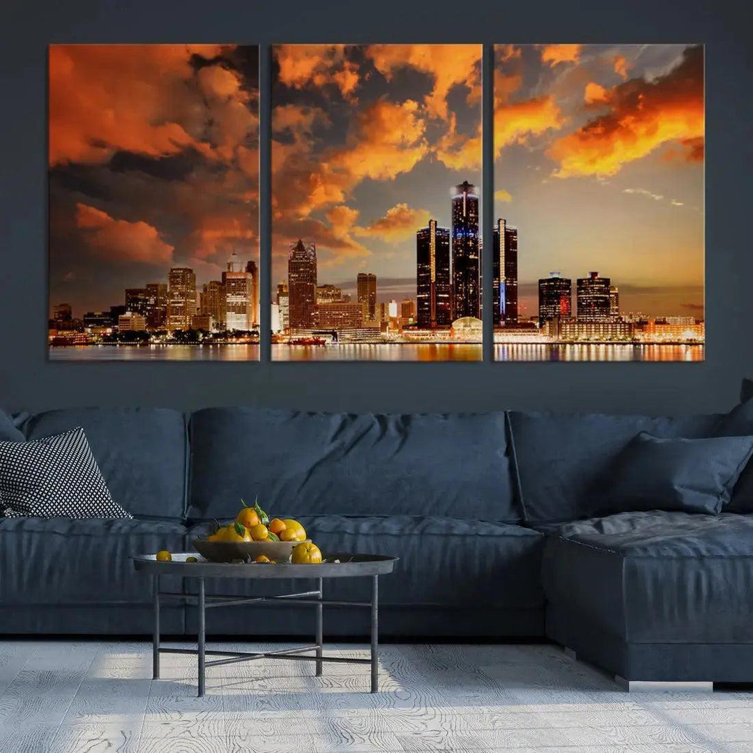 Cloudy Detroit Skyline Sunset Cityscape Large Wall Art Canvas Print