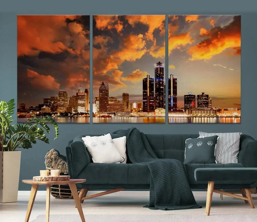 Cloudy Detroit Skyline Sunset Cityscape Large Wall Art Canvas Print