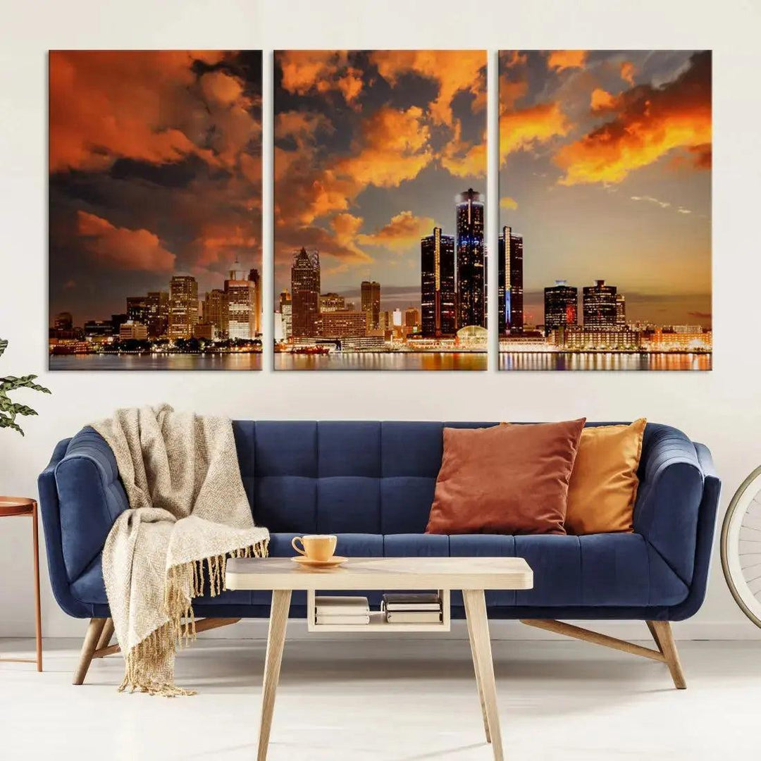 Cloudy Detroit Skyline Sunset Cityscape Large Wall Art Canvas Print