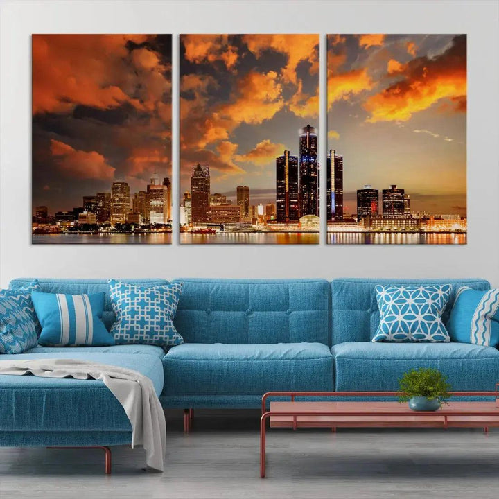 Cloudy Detroit Skyline Sunset Cityscape Large Wall Art Canvas Print