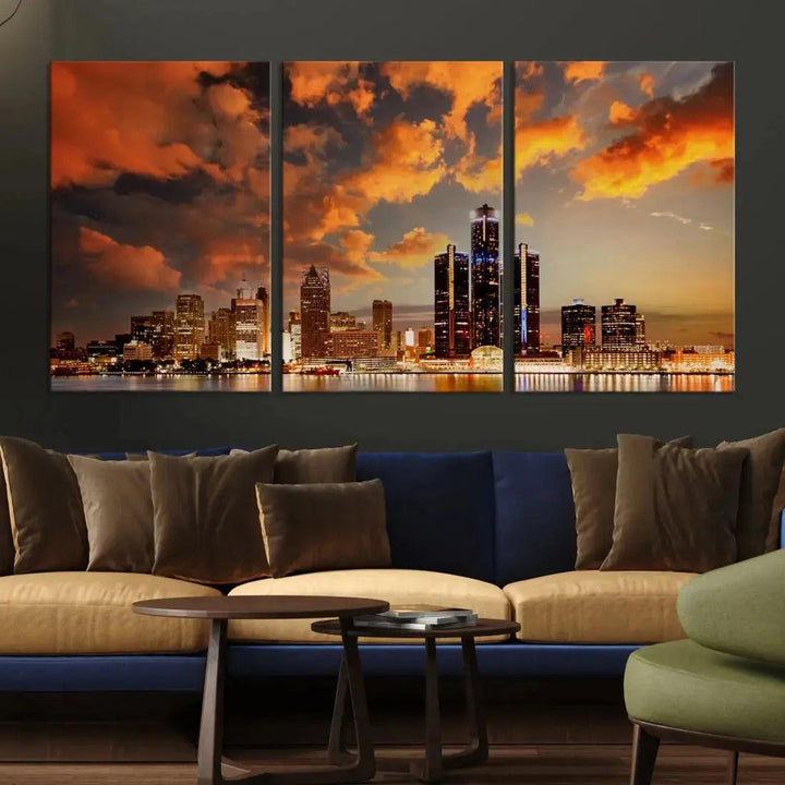 Cloudy Detroit Skyline Sunset Cityscape Large Wall Art Canvas Print