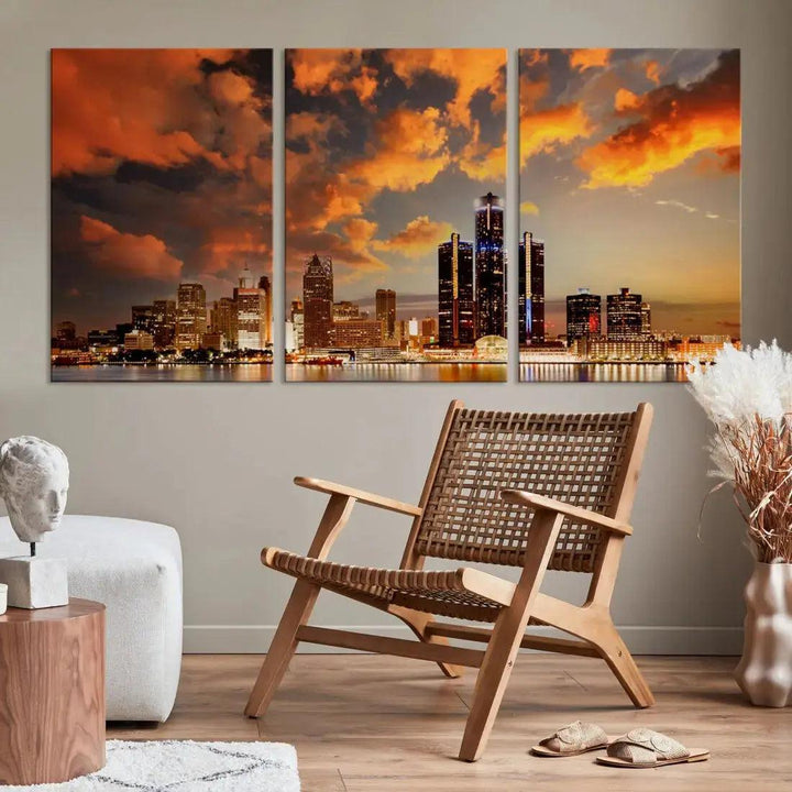 Cloudy Detroit Skyline Sunset Cityscape Large Wall Art Canvas Print