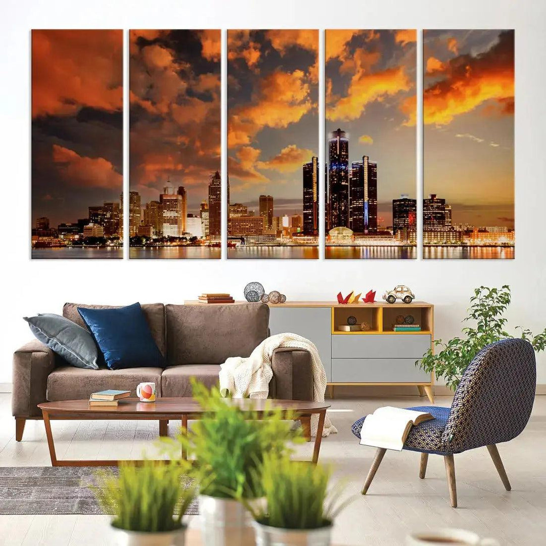 Cloudy Detroit Skyline Sunset Cityscape Large Wall Art Canvas Print