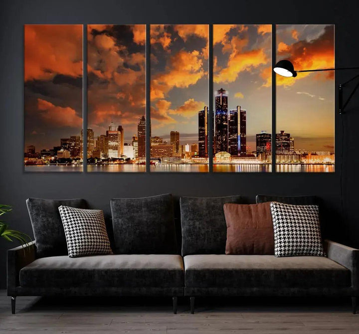 Cloudy Detroit Skyline Sunset Cityscape Large Wall Art Canvas Print