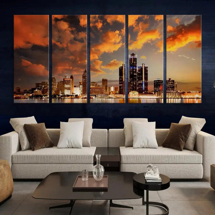 Cloudy Detroit Skyline Sunset Cityscape Large Wall Art Canvas Print