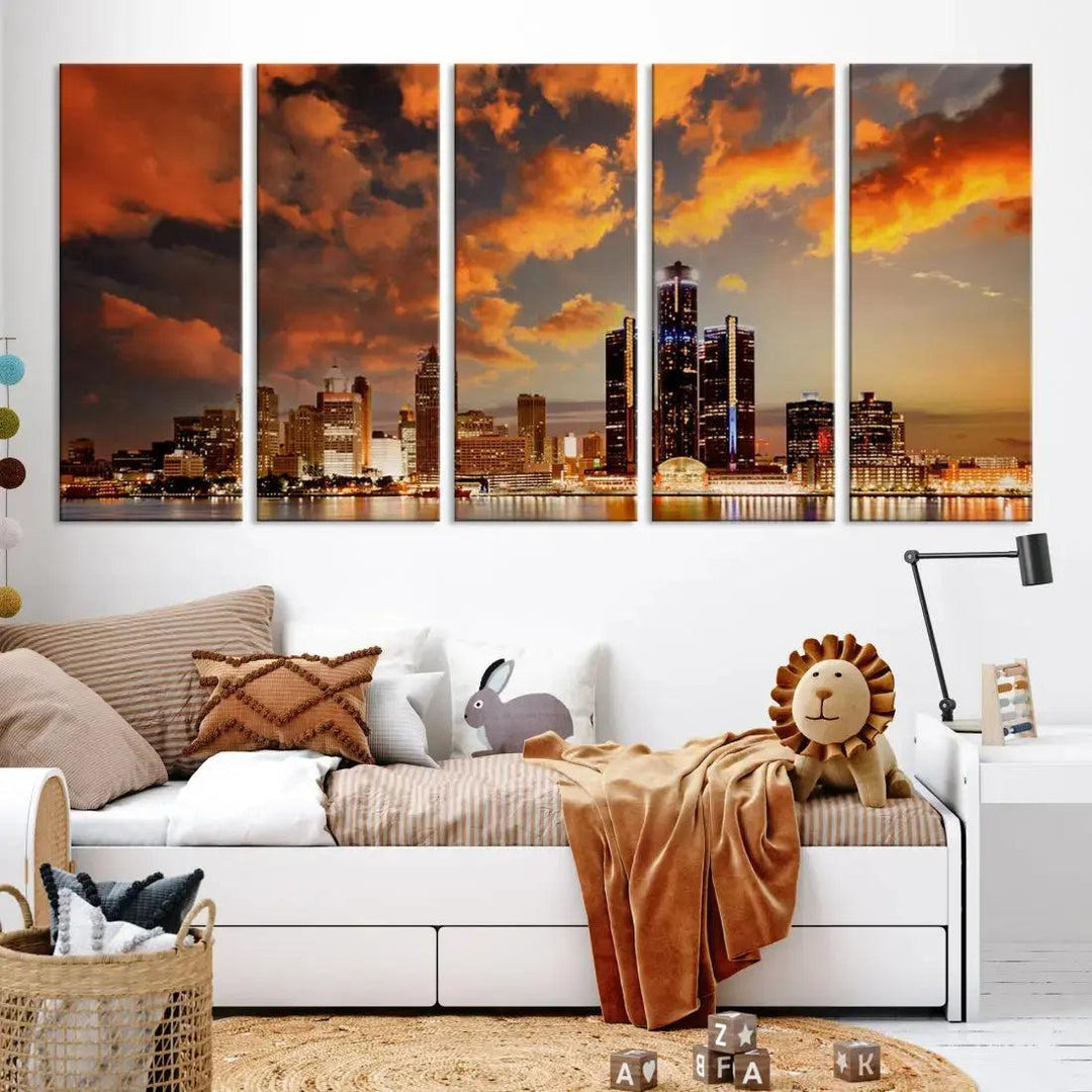 Cloudy Detroit Skyline Sunset Cityscape Large Wall Art Canvas Print