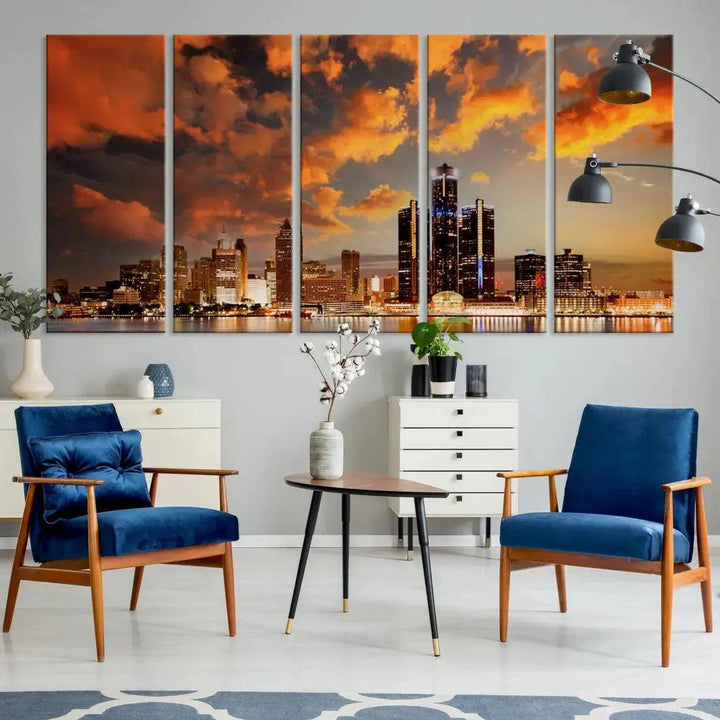 Cloudy Detroit Skyline Sunset Cityscape Large Wall Art Canvas Print