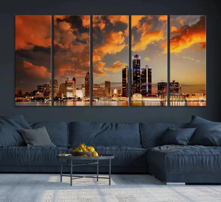 Cloudy Detroit Skyline Sunset Cityscape Large Wall Art Canvas Print