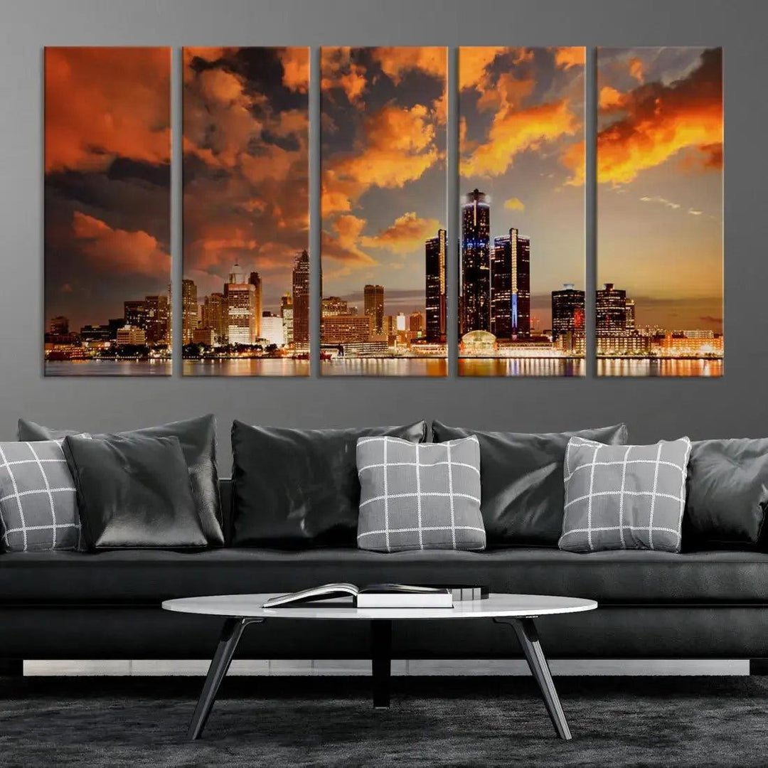 Cloudy Detroit Skyline Sunset Cityscape Large Wall Art Canvas Print