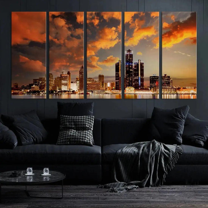 Cloudy Detroit Skyline Sunset Cityscape Large Wall Art Canvas Print