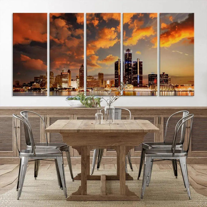 Cloudy Detroit Skyline Sunset Cityscape Large Wall Art Canvas Print