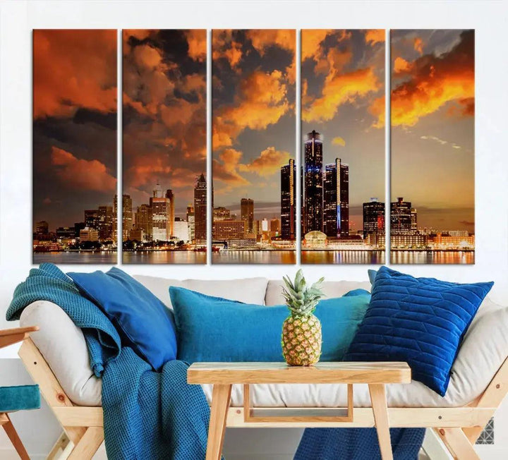 Cloudy Detroit Skyline Sunset Cityscape Large Wall Art Canvas Print