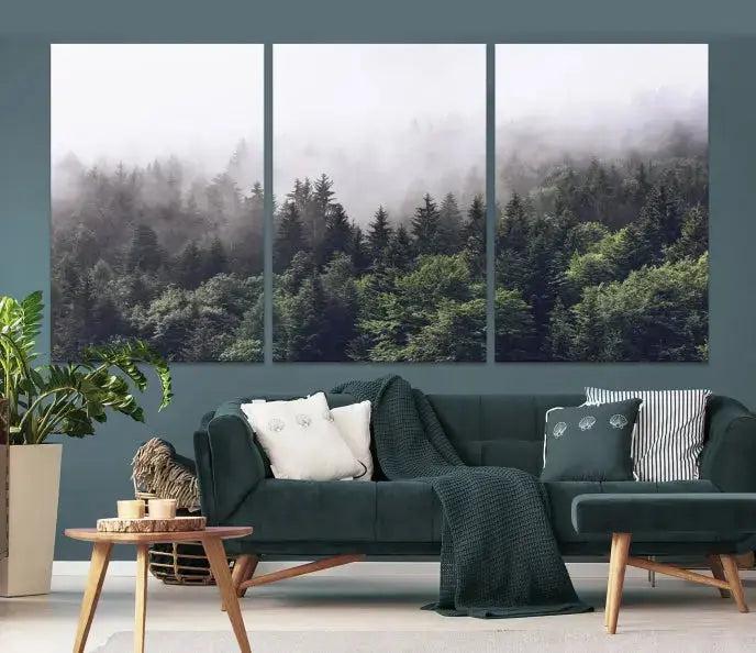 Cloudy Foggy Green Forest Landscape Wall Art Print Canvas Decor