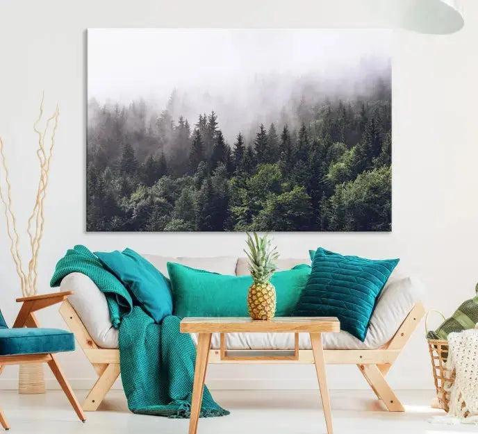 Cloudy Foggy Green Forest Landscape Wall Art Print Canvas Decor