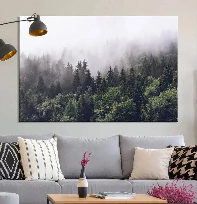 Cloudy Foggy Green Forest Landscape Wall Art Print Canvas Decor