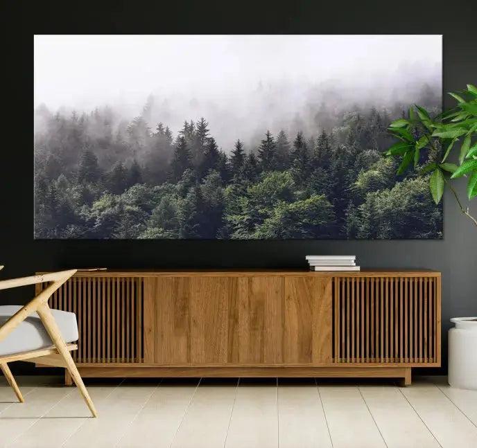 Cloudy Foggy Green Forest Landscape Wall Art Print Canvas Decor