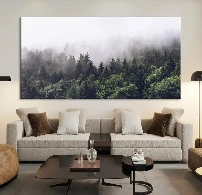 Cloudy Foggy Green Forest Landscape Wall Art Print Canvas Decor