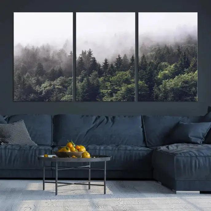 Cloudy Foggy Green Forest Landscape Wall Art Print Canvas Decor