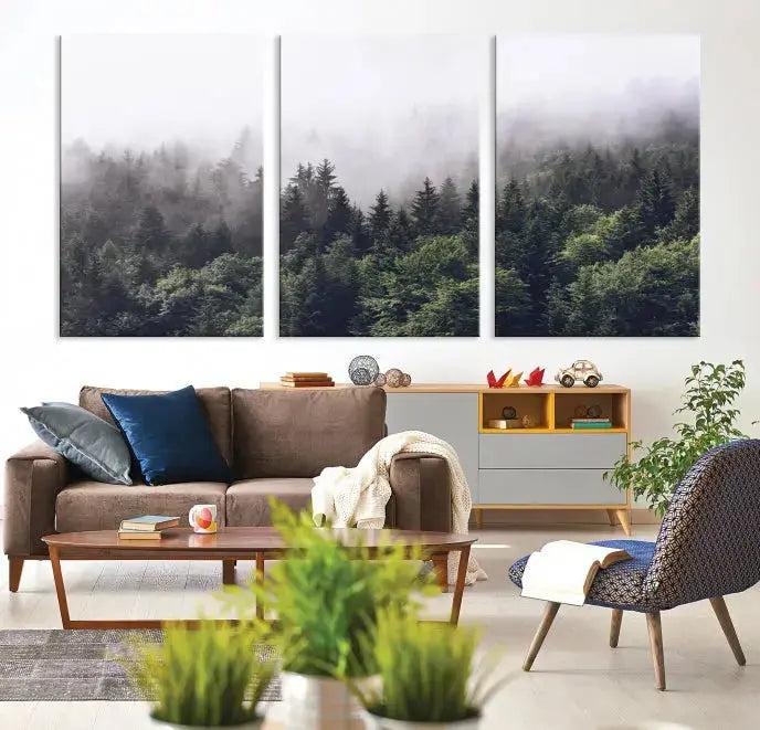 Cloudy Foggy Green Forest Landscape Wall Art Print Canvas Decor