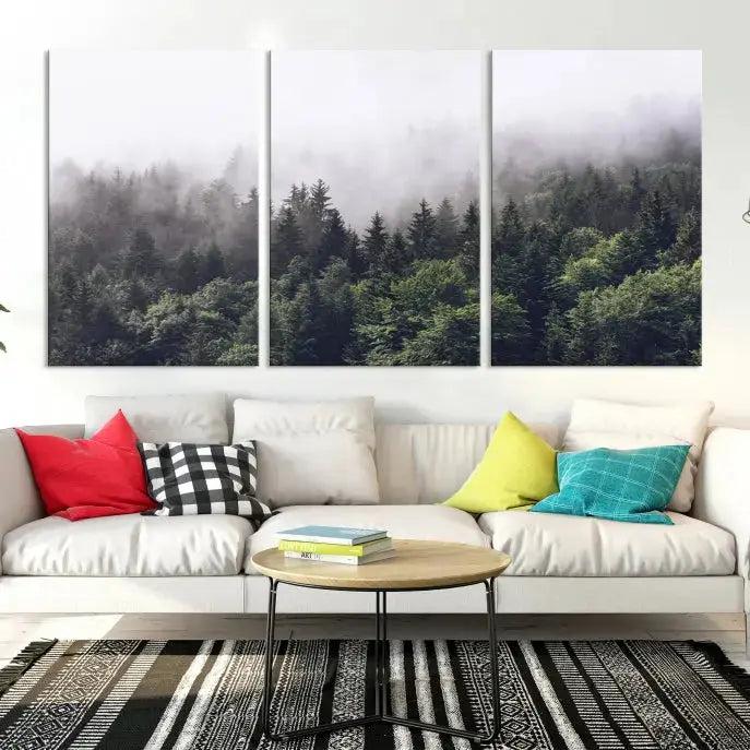 Cloudy Foggy Green Forest Landscape Wall Art Print Canvas Decor