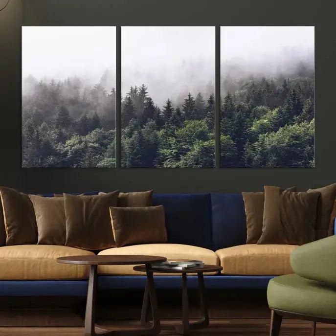 Cloudy Foggy Green Forest Landscape Wall Art Print Canvas Decor