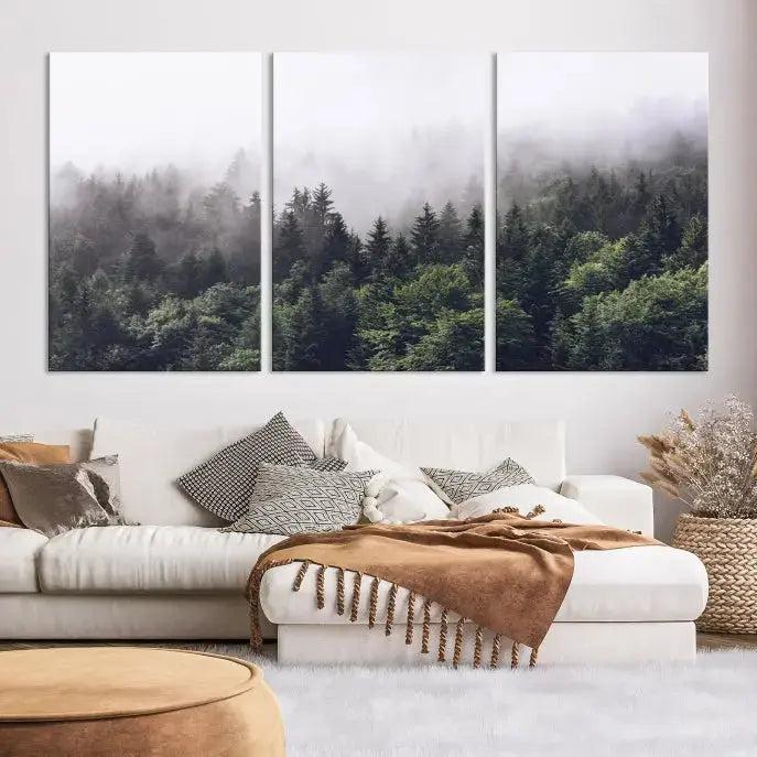 Cloudy Foggy Green Forest Landscape Wall Art Print Canvas Decor