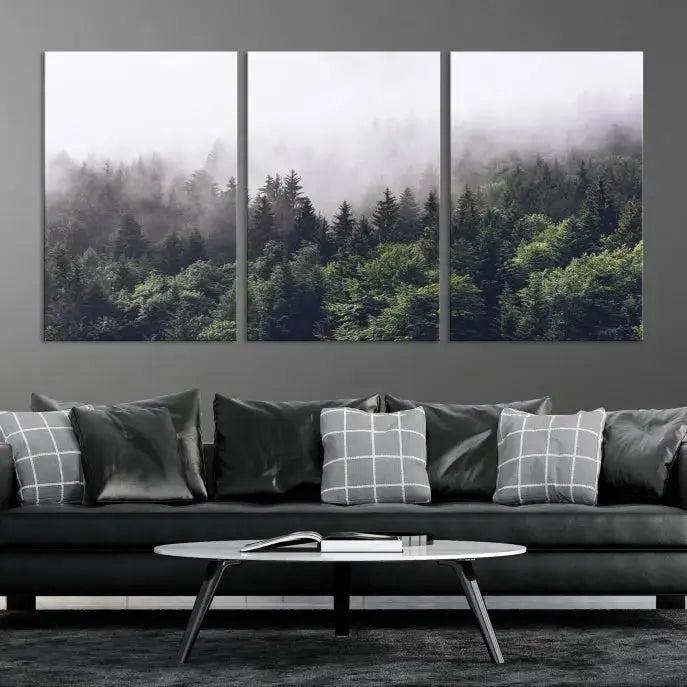 Cloudy Foggy Green Forest Landscape Wall Art Print Canvas Decor