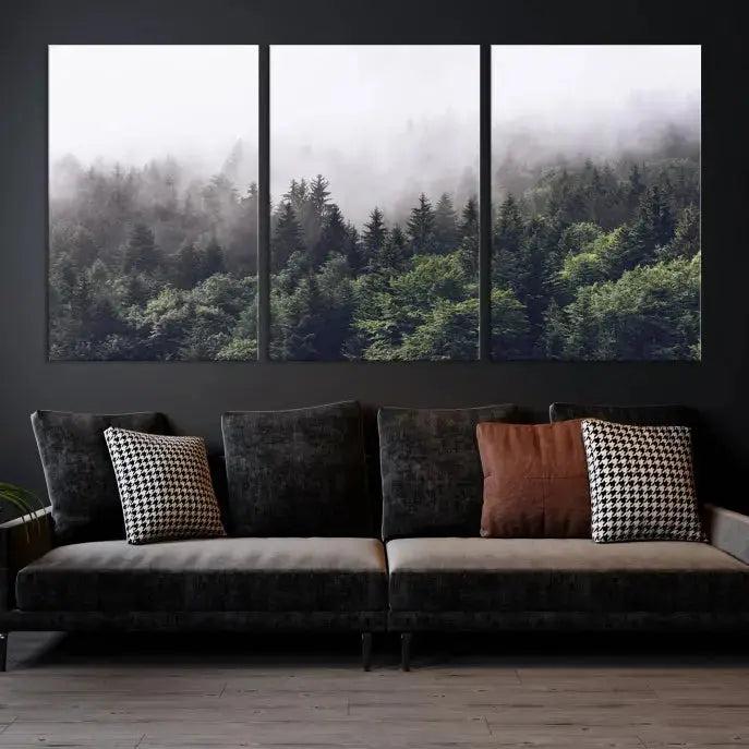 Cloudy Foggy Green Forest Landscape Wall Art Print Canvas Decor