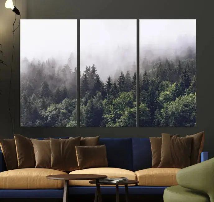 Cloudy Foggy Green Forest Landscape Wall Art Print Canvas Decor