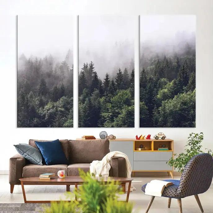 Cloudy Foggy Green Forest Landscape Wall Art Print Canvas Decor